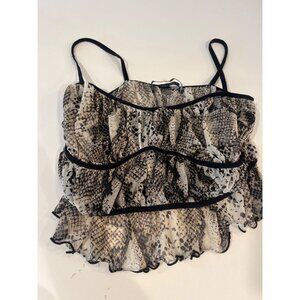 Urban Outfitters Snake Print Mesh Ruffle Cami Top L Black & Beige